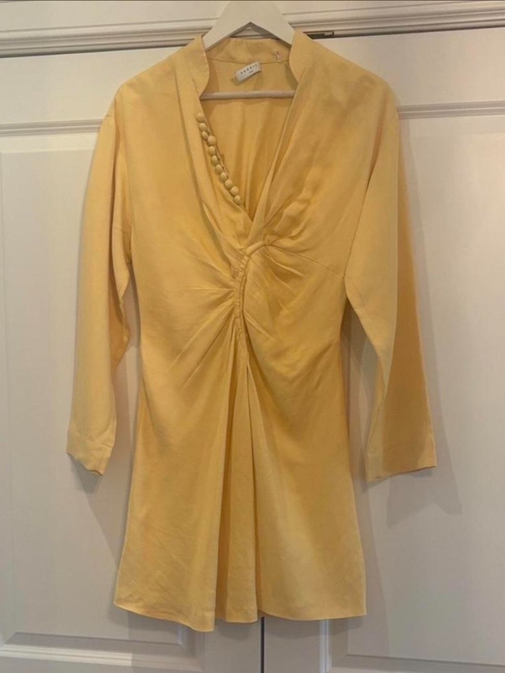 Sandro Yellow Linen Mini Dress with Long Sleeves and Twist Front - Picture 2 of 6
